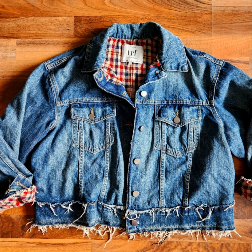 Zara Frayed Plaid Denim Jeans Jacket Oversized XS